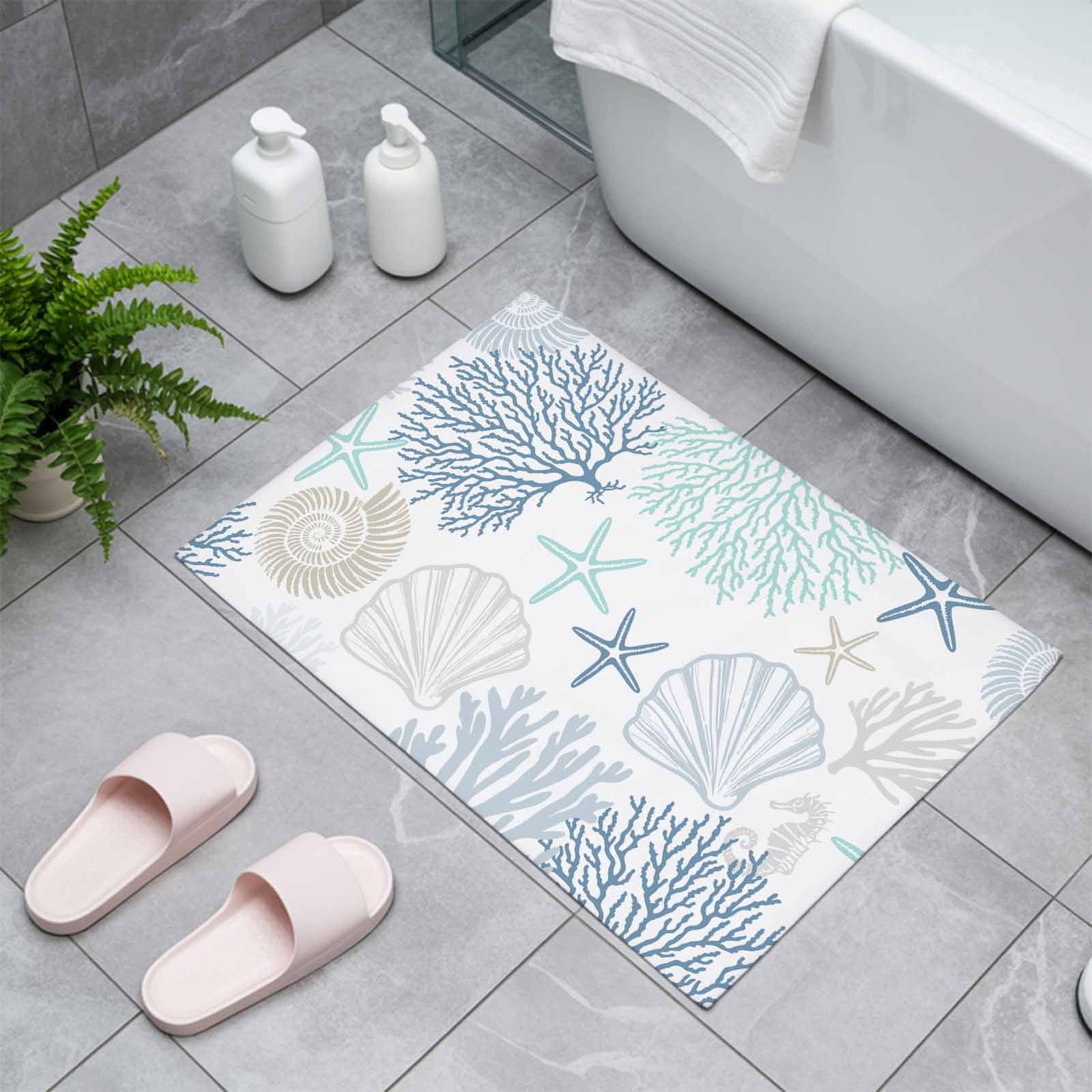 Blue Coral Coastal Indoor Door Mat - 18"x30", Non-Slip Welcome Mat for Outdoor, Summer Beach Shell Conch Ocean Front Doormat for Entry, Low-Profile Doormat Entrance Rug for Kitchen/Bathroom