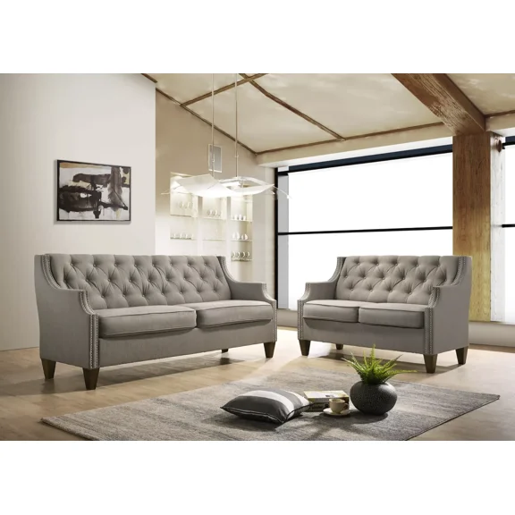 Classic Living Room Sofa Set, Button Tufted Back, Nailhead Accent, Contour Armrest, Gray