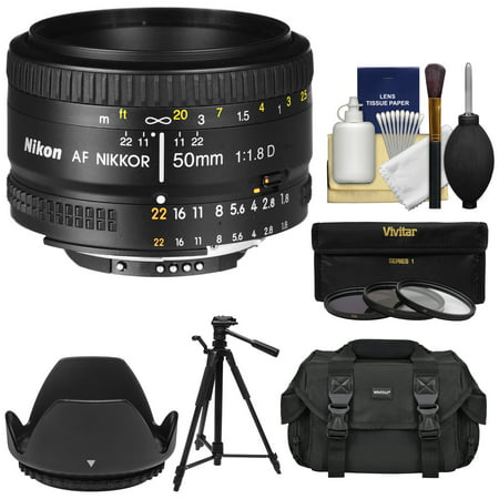 Nikon 50mm f/1.8D AF Nikkor Lens with 3 UV/CPL/ND8 Filters + Hood + Case + Tripod + Kit for D7100, D7200, D610, D750, D810