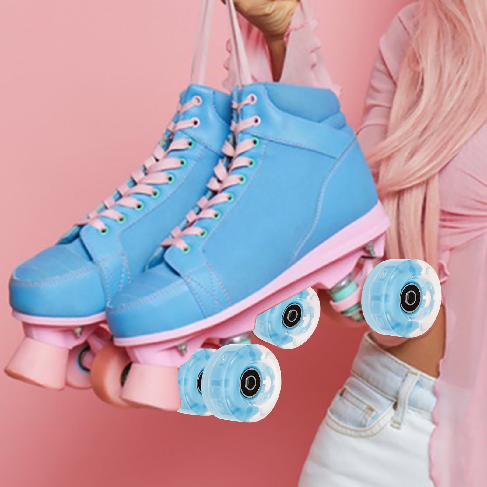 WEUVEB 4Pcs Durable Blue Rubber Flashing Wheels for Ice Skates Stylish and Impact Resistant