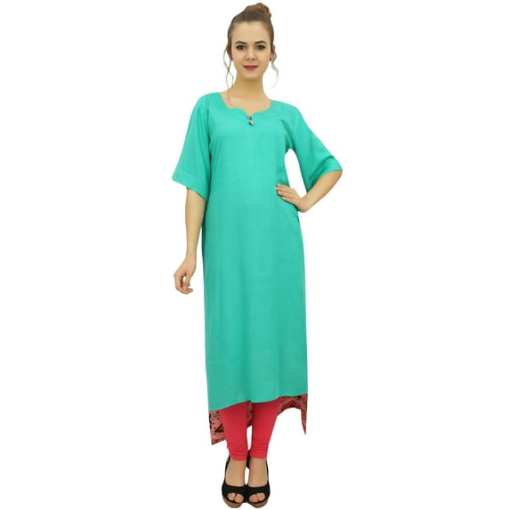 Bimba Women's Rayon Green Kurti Asymmetrical Hem Designer Kurta With Scarf - 22