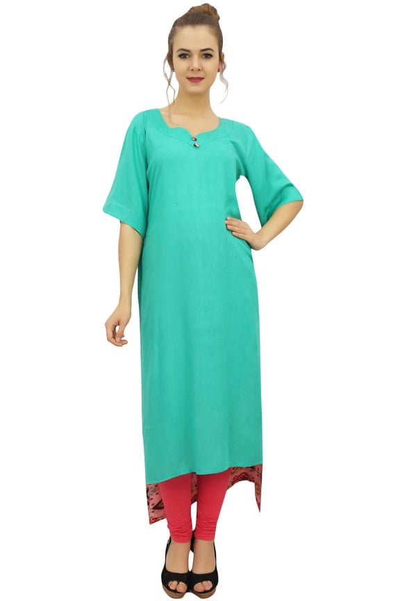 Women's Rayon Green Kurti Asymmetrical Hem Designer Kurta With Scarf - 20
