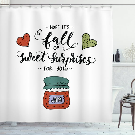 Hope Shower Curtain, Hand Drawn Jam in a Jar Brush Lettering with Romantic Hearts Hope is Sweet Surprises, Fabric Bathroom Set with Hooks, 69W X 70L Inches, Multicolor, by Ambesonne