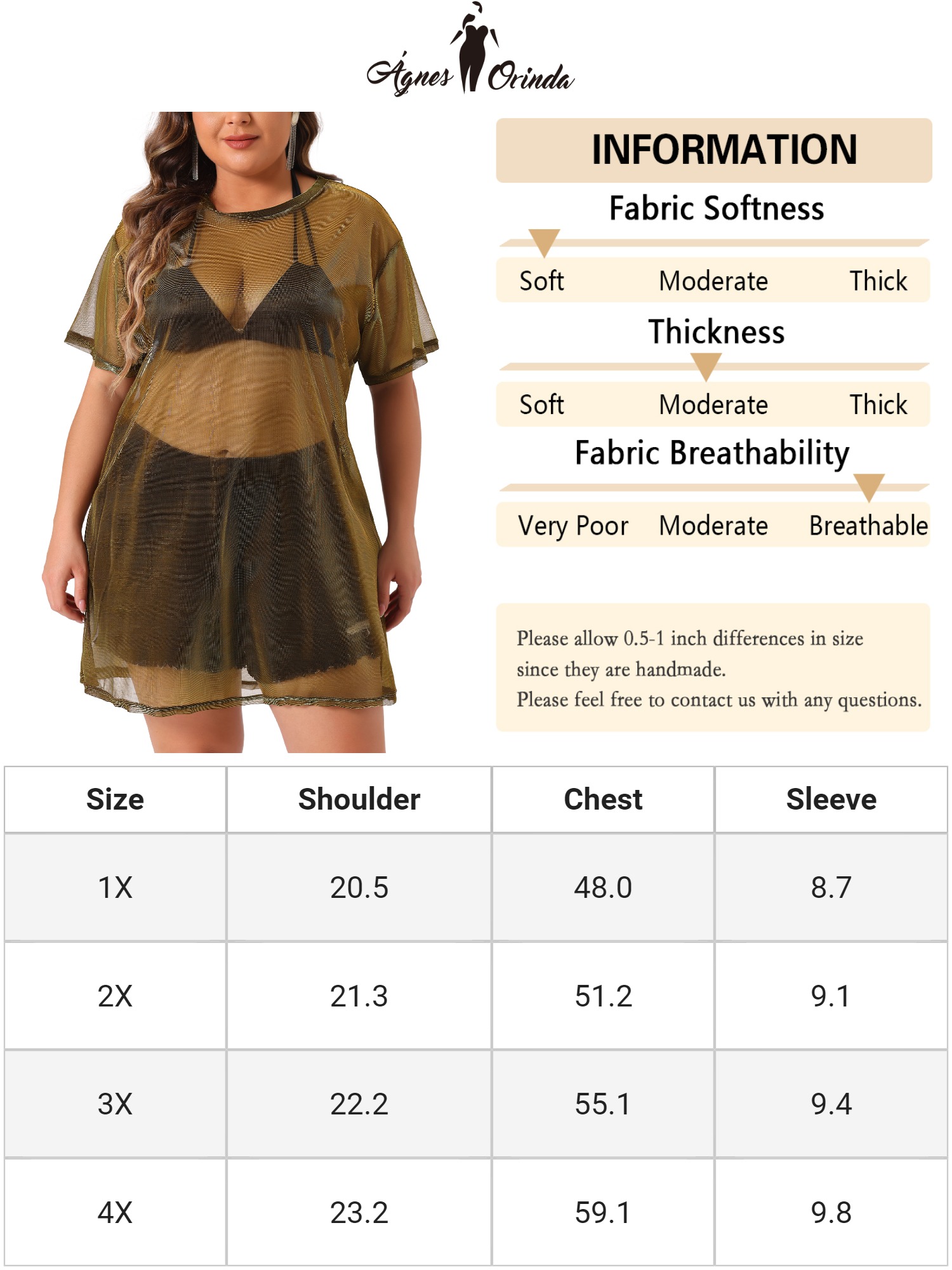 DARING DIVA Women's Plus Size See Through Holographic Long Blouse 2X Gold