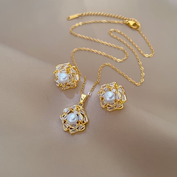 LEEYNEER 2pcs925 Sterling Silver Necklace Earrings Set 18k Plated Jewelry Set With Pearls Elegant Luxury Suitable For Family And Friends Birthday Gifts