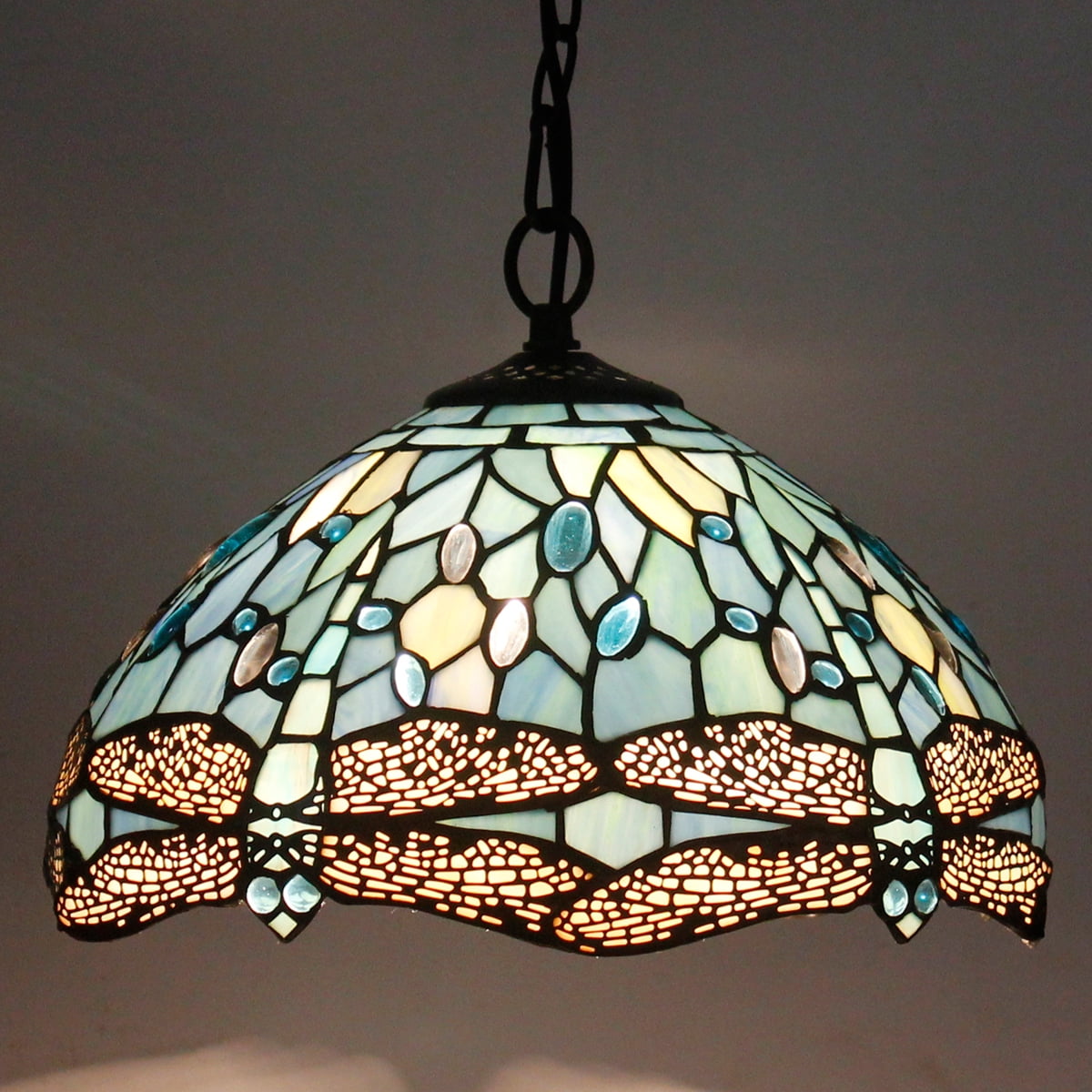 Tiffany Pendant Lighting for Kitchen Island Fixture 12" Sea Blue Stained Glass Dragonfly Farmhouse Rustic Boho Hanging Lamp Industrial LED Chandelier Fixture WERFACTORY Bar Hallway Dining Room Swag