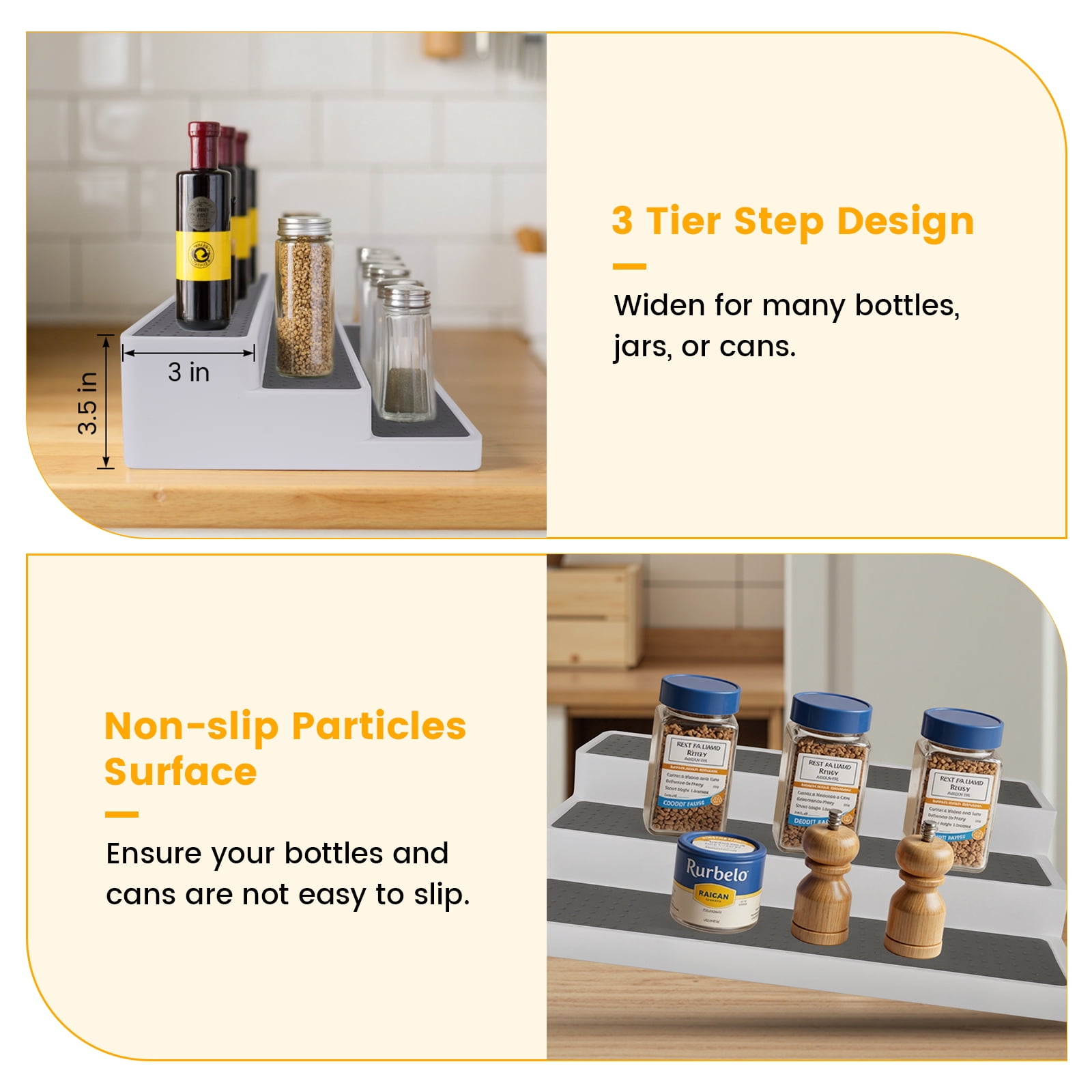 BEAMNOVA 2 Pcs Spice Rack Organizer, 3-Tier Non-Skid Seasoning Storage Shelf for Kitchen Pantry Cabinet Countertop