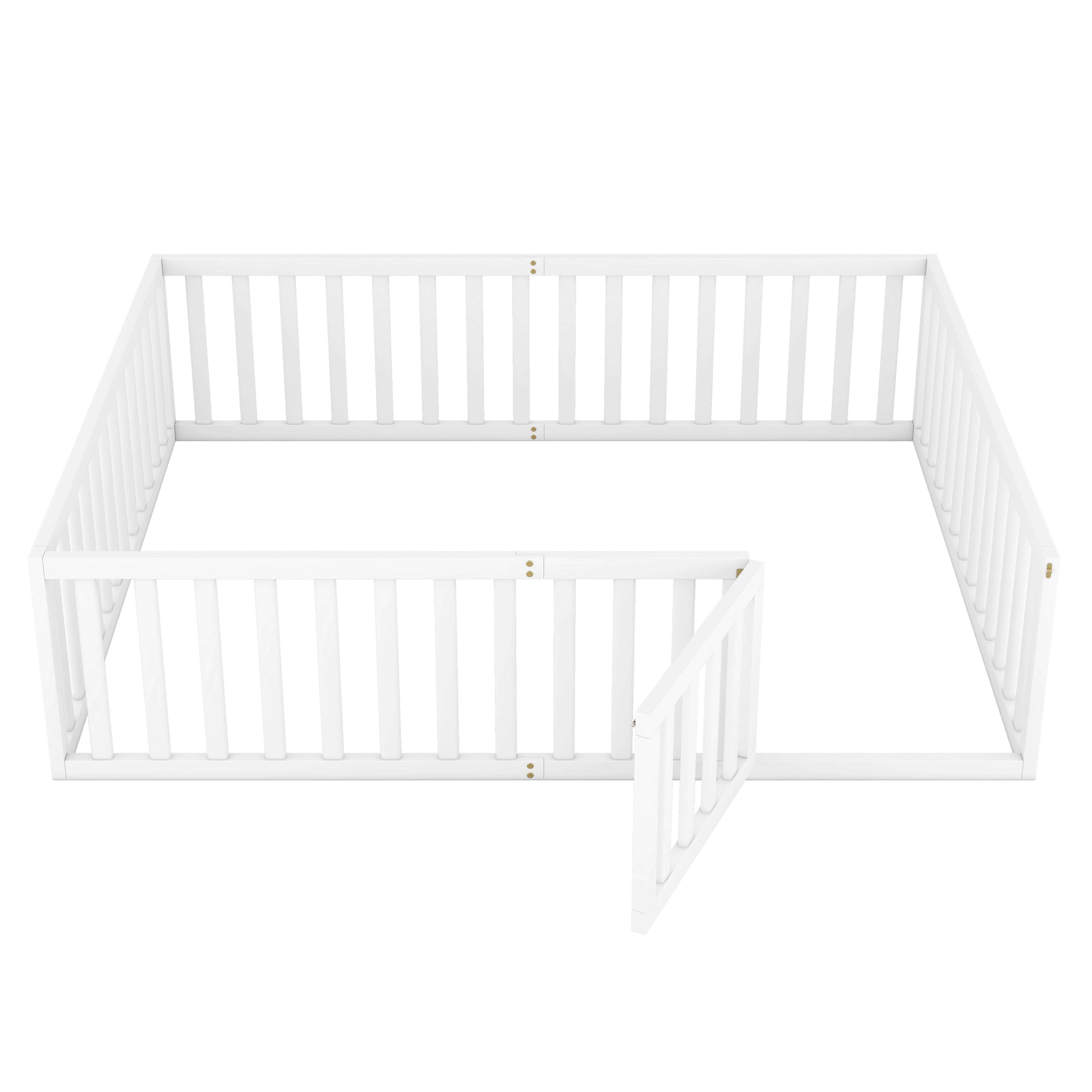 Harper & Bright Designs Montessori Floor Bed, Queen Size Floor Bed with Fence and Door, Floor Bed Frame with Guardrails for Boys Girls, White