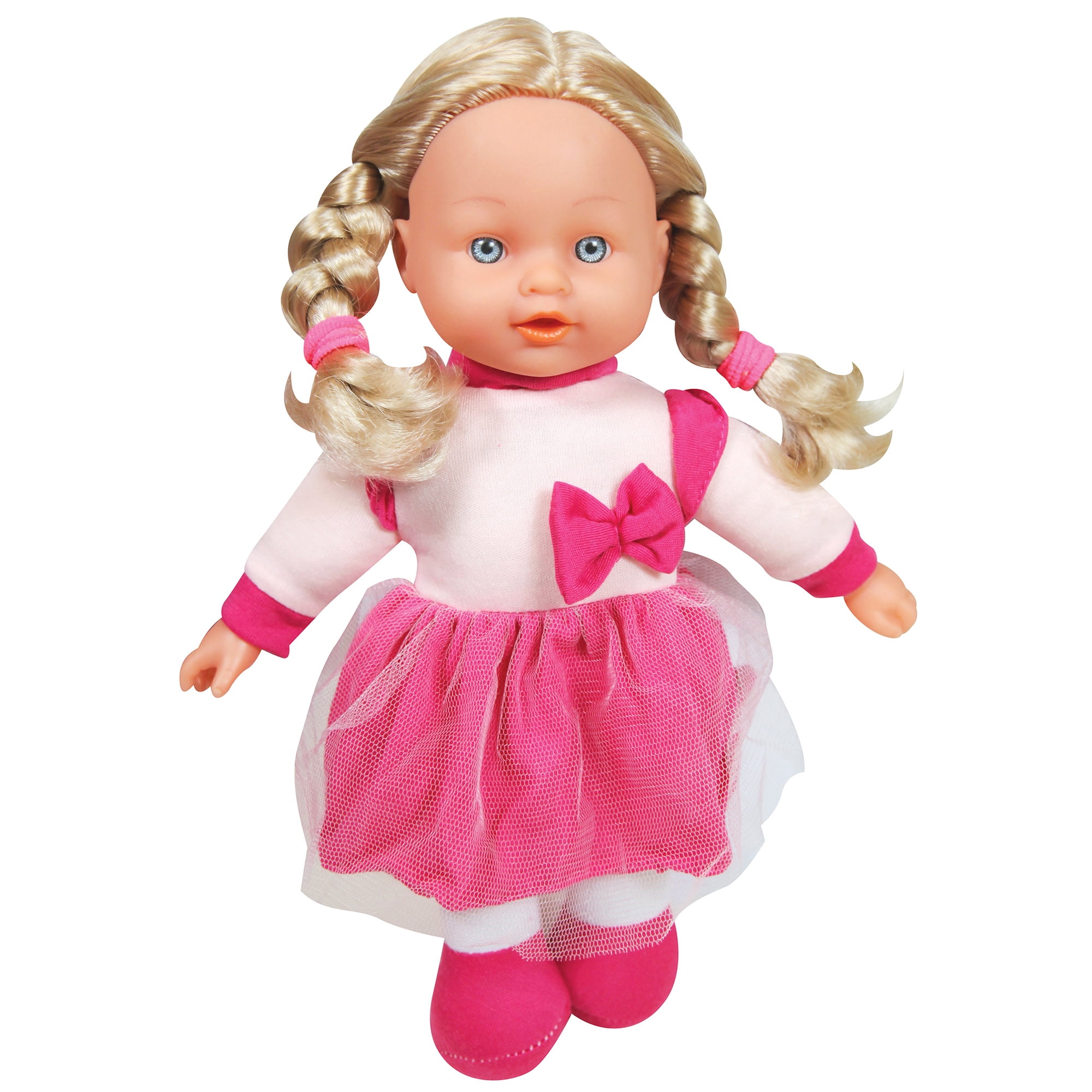 Lissi: 12" Doll Set: Stroller, Bed & Highchair - Blonde Hair - Pink-White-Animal - Feeding-Sleep-Travel Playset, Foldable Design, Kids-Toddlers Age 2+
