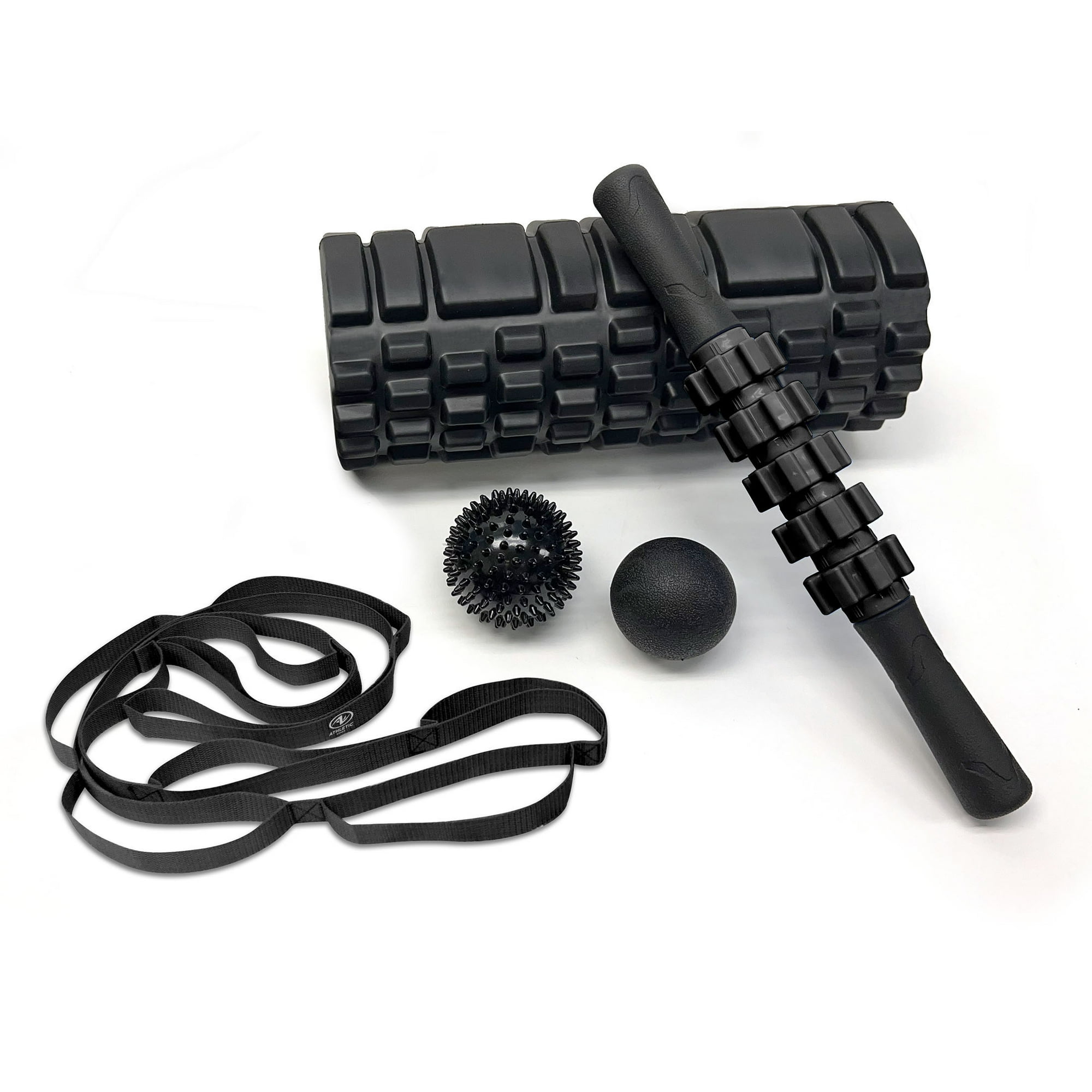Athletic Works Full Body Fitness Recovery Kit, 5-Piece Set, Foam Roller, Massage Stick, Massage Balls, Stretch Strap & Carry Bag, Black, 1 Set