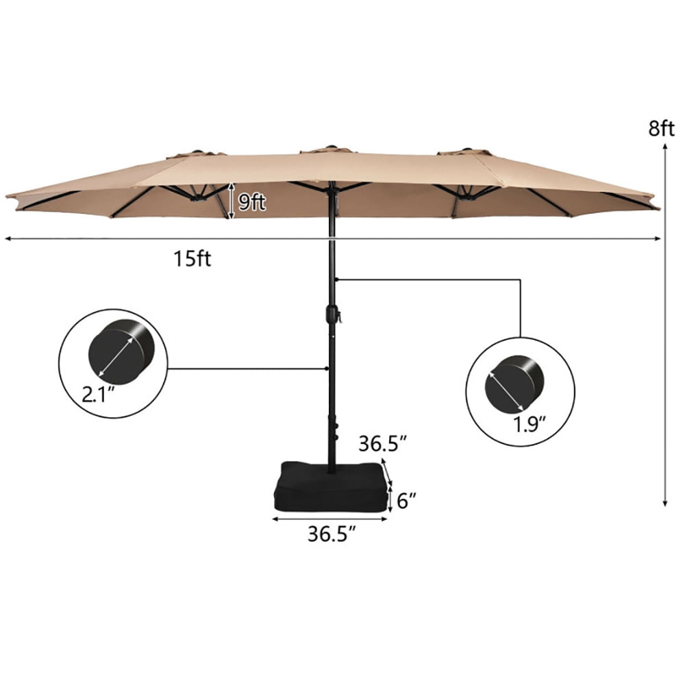 Aimee Lii 15 Feet Double-Sided Twin Patio Umbrella with Crank and Base, Sunbrella Patio Umbrellas, Brown Aimee Lii 15 Feet Double-Sided Twin Patio Umbrella with Crank and Base, Sunbrella Patio Umbrellas, Brown