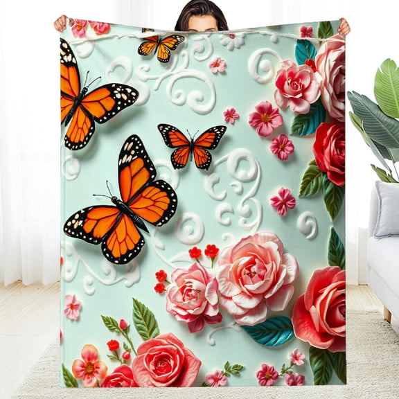 RKSupls Monarch Butterfly Floral Soft Flannel Throw Blanket, Lightweight Fuzzy Warm Cozy Blanket for Couch Bed Home Travel Decor