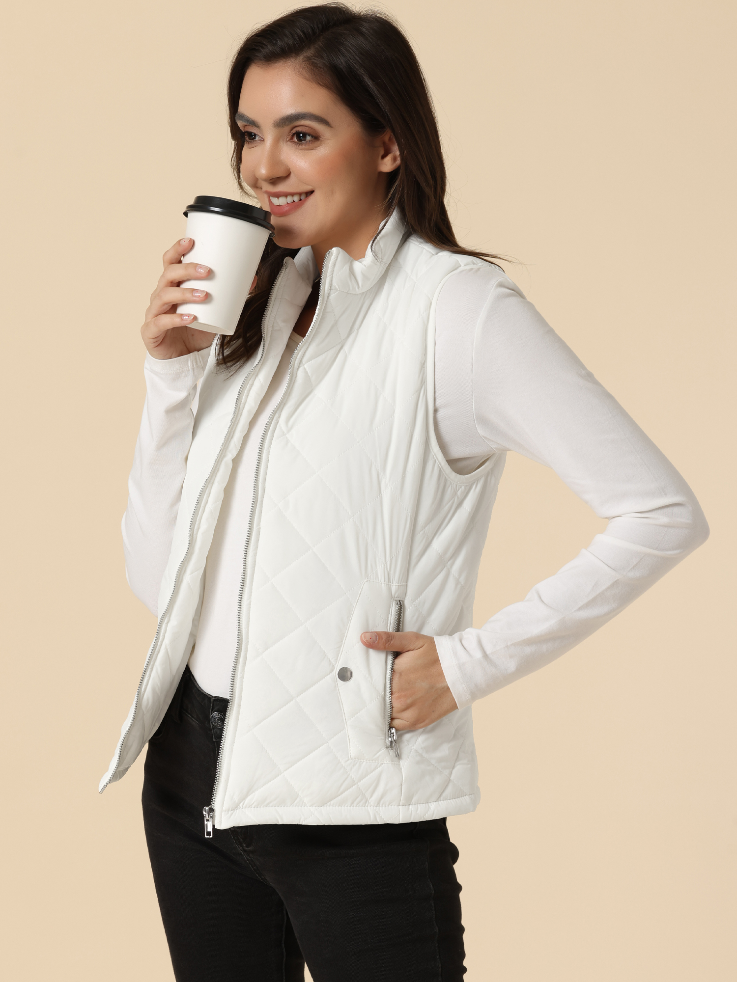 DARING DIVA Women's Zip Stand Collar Quilted Padded Vest XL Gray