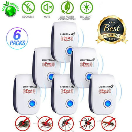 6 PK [2018 NEW UPGRADED] LIGHTSMAX - Ultrasonic Pest Repeller - Electronic Plug -In Pest Control Ultrasonic - Best Repellent for Cockroach Rodents Flies Roaches Ants Mice Spiders Fleas (Best Exterminator For Mice)