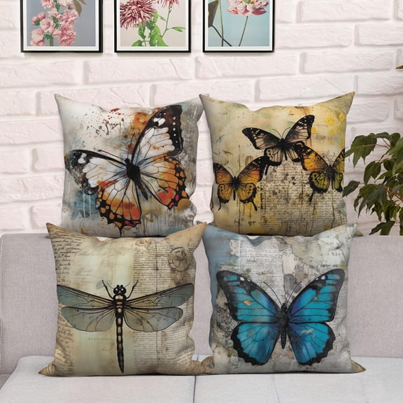 Pbobriich Vintage Butterfly Throw Pillow Covers Set of 4, 18x18 inch Floral Pillow Cover for Outdoor Living Room Decor