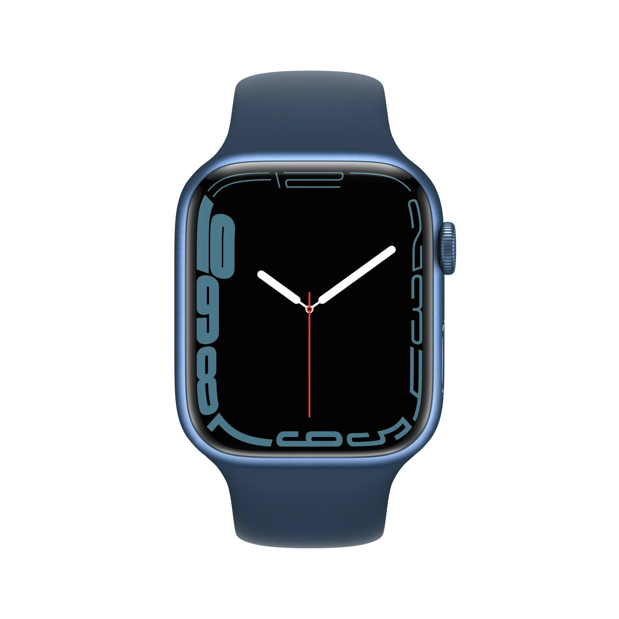 Restored Apple Watch Series 7 (GPS, 45 mm) Blue Aluminum Case with Abyss Blue Sport Band Bundle 5 Bonus Bands, Charging Stand, Screen Protector, & 2 amp charger (Refurbished)
