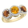 thumbnail image 1 of 14K Yellow Gold Natural Citrine & Tiger Eye Sides Round 3-stone Ring Diamond Accents, size 10, 1 of 2