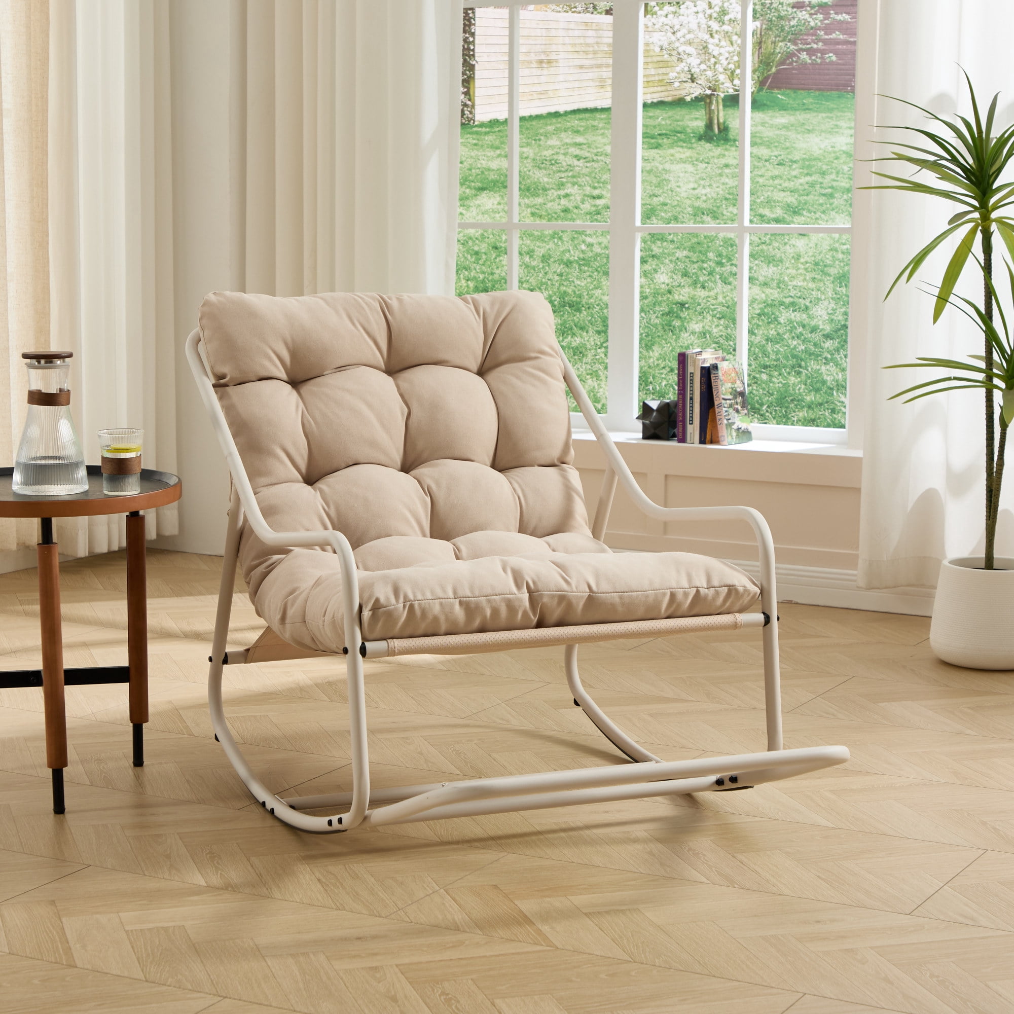 Leumius Outdoor Rocking Chair, Comfy Cushion with Soft Thick Cushion for Living Room Bedroom Reading Room Beige