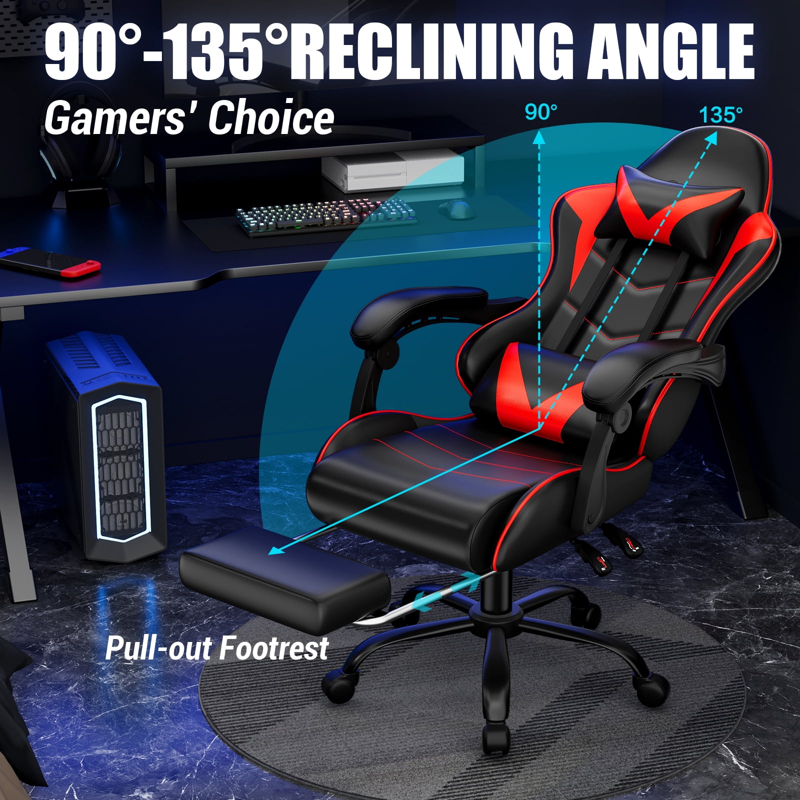 Czlolo Gaming Chair, Lumbar Massager Game Chairs, High Back Reclining, with Headrest Gamer Office Chair.(Red)