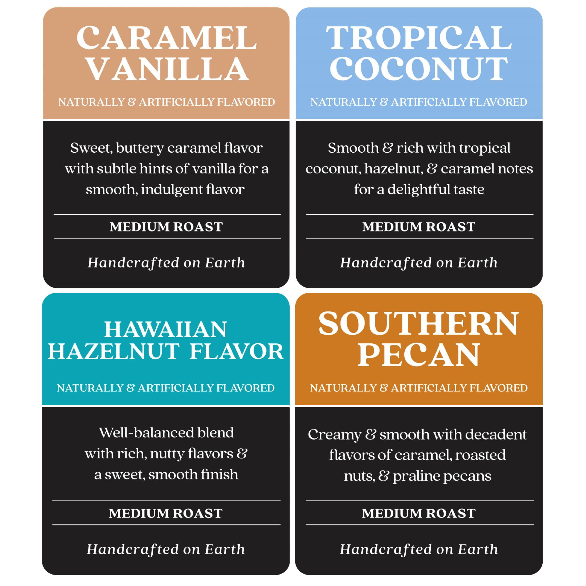 Copper Moon Ground Coffee Flavored Variety Pack, 12 oz ea: Caramel Vanilla, Tropical Coconut, Hawaiian Hazelnut, Southern Pecan, 48 oz