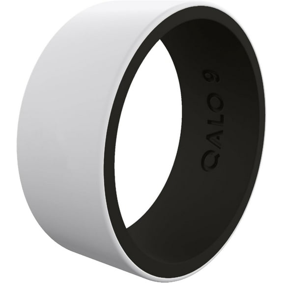 QALO Men's Rubber Silicone Ring, Classic Blank Strata Rubber Wedding Band, Breathable, Durable Rubber Wedding Ring for Men, 9mm Wide 1.85mm Thick, White & Black, Size 8