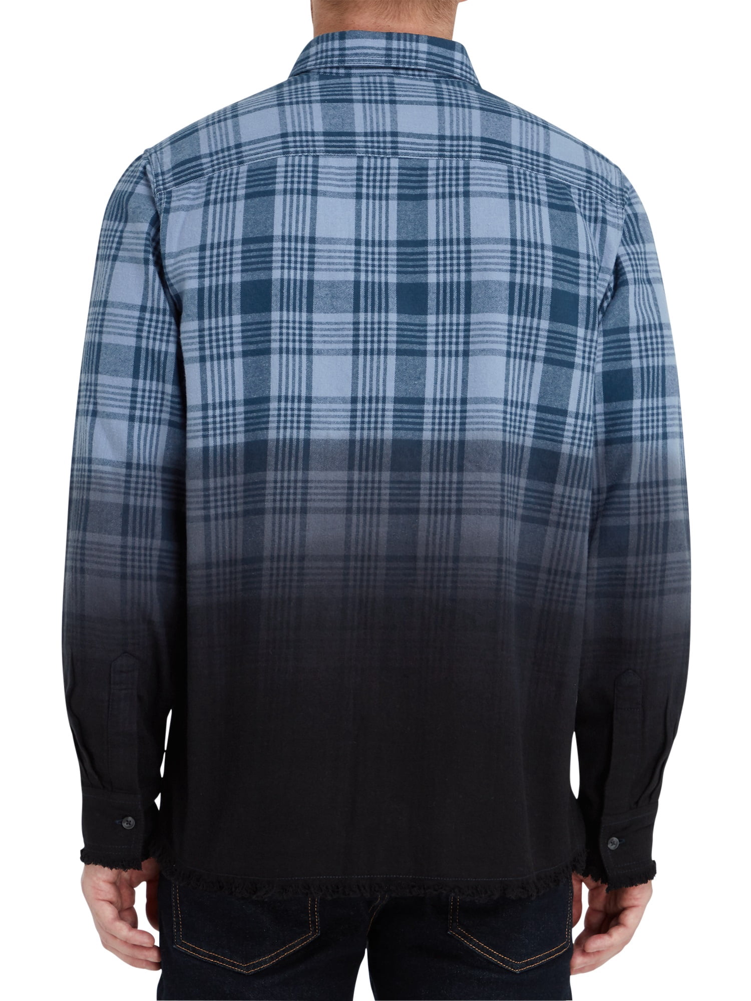 Epic Studio Men's & Big Men's Raw Hem Dip Dye Plaid Flannel Shirt, Sizes XS-3XL, Mens Shirts