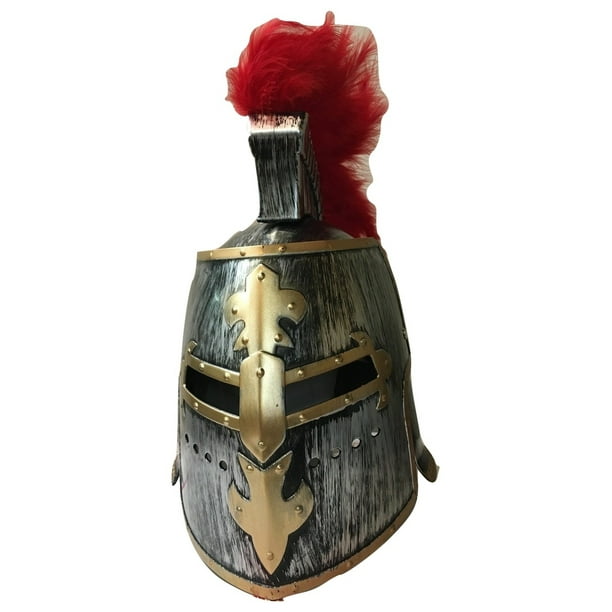 Antique Pewter Medieval Knight Helmet Great Helm Crusader Costume Red Plume Walmart Com Walmart Com