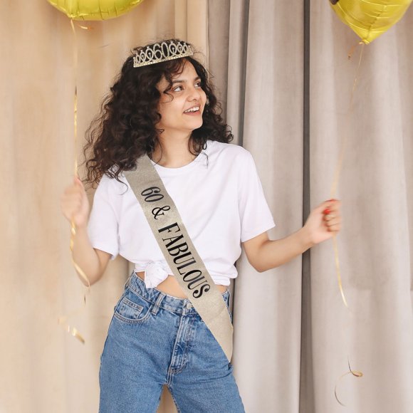 USHOBE 1 Set of 2pcs Happy Birthday Crown Sash Golden Alloy for All Ages Celebration Events