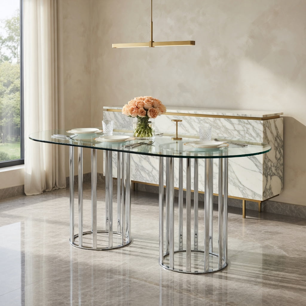Hommoo 71 Inch Oval Tempered Glass Dining Table with Silver Double Column Base, Light Luxury Modern Design for 6-8 People, Scratch-Resistant & Easy-Clean Glass Top, Silver