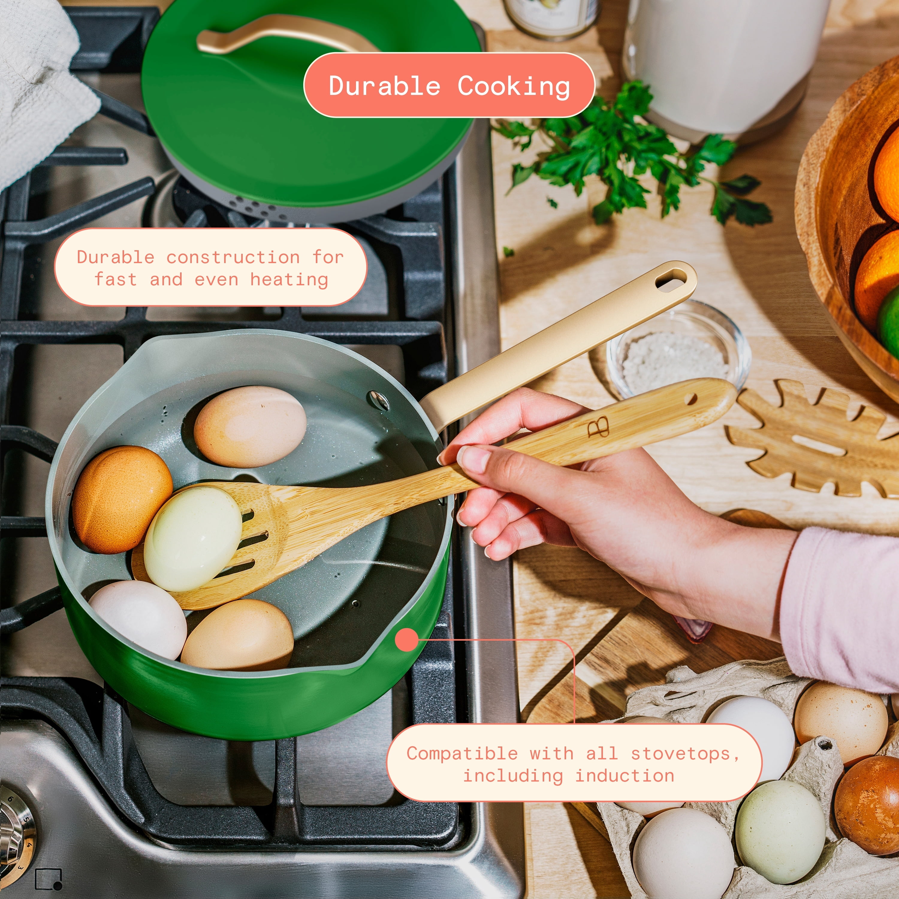 Beautiful 12pc Ceramic Non-Stick Cookware Set, Pots and Pans with Strainer Lids, Kelly Green by Drew Barrymore