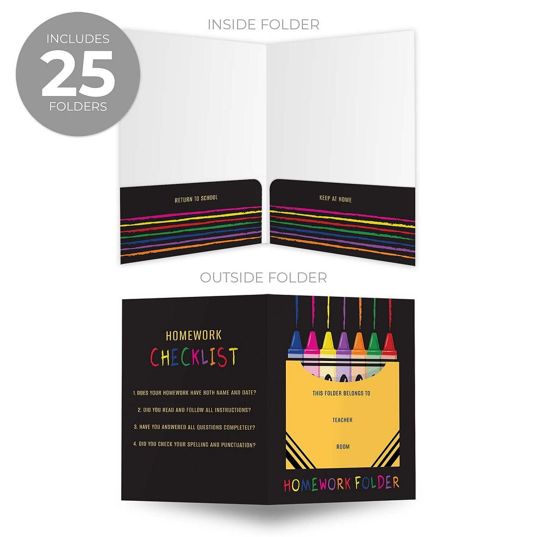 Colorful Crayon Box Homework Folders / 25 Vibrant Classroom Student Folders / 9" x 12" School Teacher 2 Pocket Organizational Black Desk Folder Pack / Made In The USA