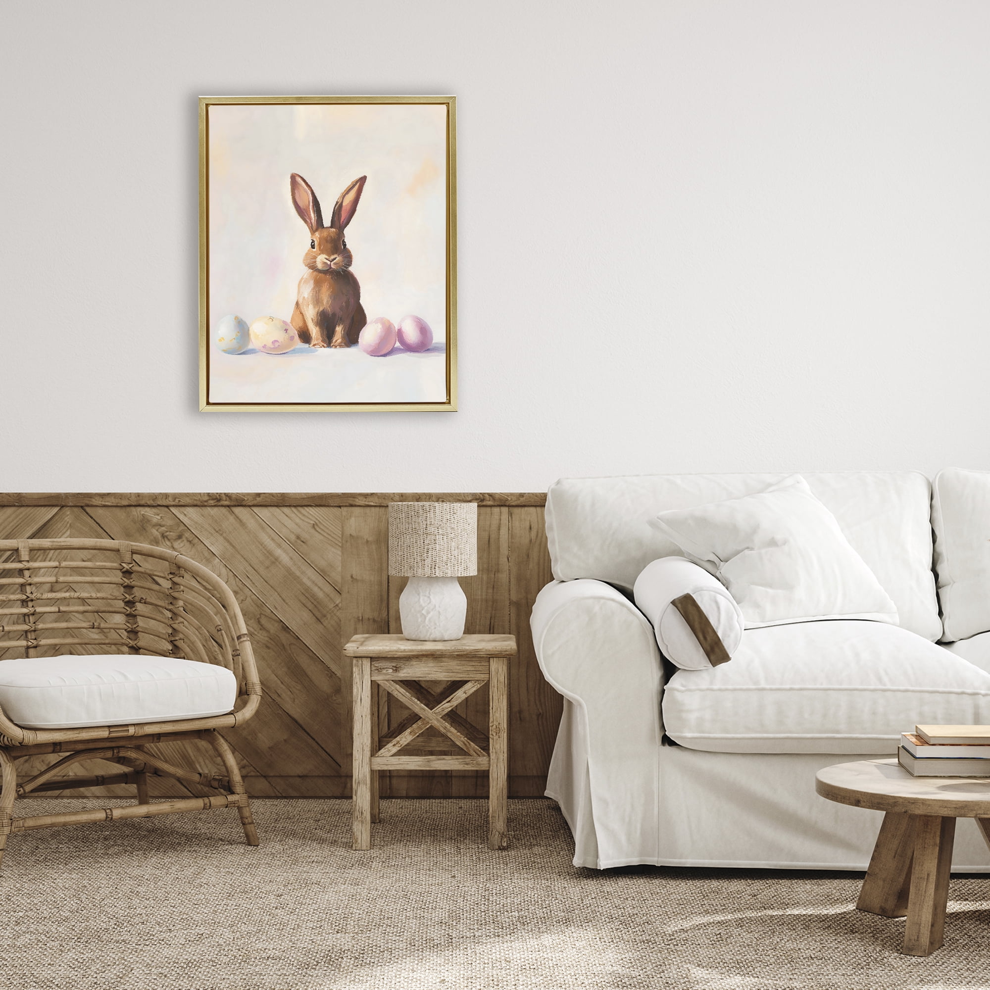 Stupell Industries Easter Bunny with Pastel Eggs Gold Framed Floater Canvas Wall Art, design by The Prints Vibe
