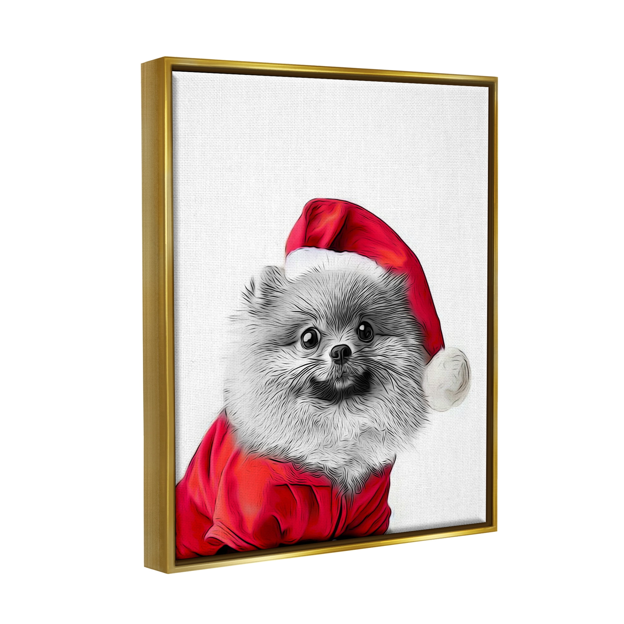 Stupell Industries Pomeranian in Santa Hat Holiday Painting Gold Floater Framed Canvas Art Print Wall Art, 25 x 31