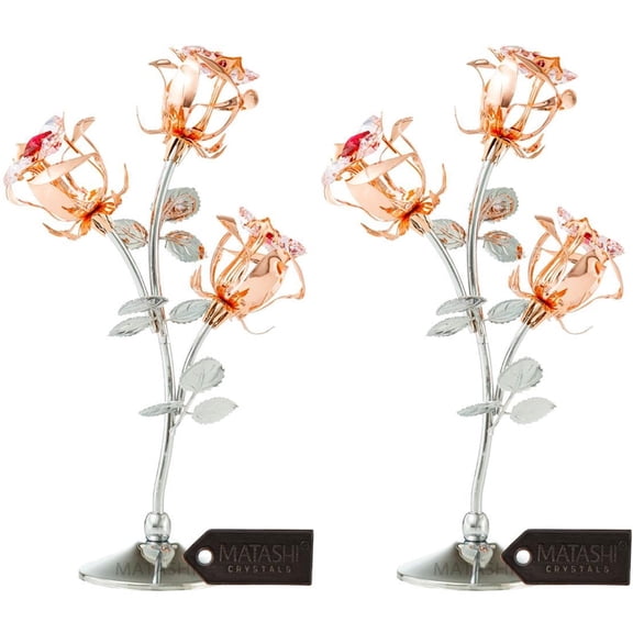 Valentine’s Day Gift (2 Set) Matashi Rose Gold & Chrome Plated Rose Flower Tabletop Ornament with Crystals for Women, Wife, Home Decor