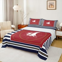 Feelyou Red Sailboat Rudder Full Size Sheets, Ocean Nautical Bed Sheets, Fashion Stripes Abstract Sheet Sets, Ultra Soft Bedroom Decor, 4 Pieces