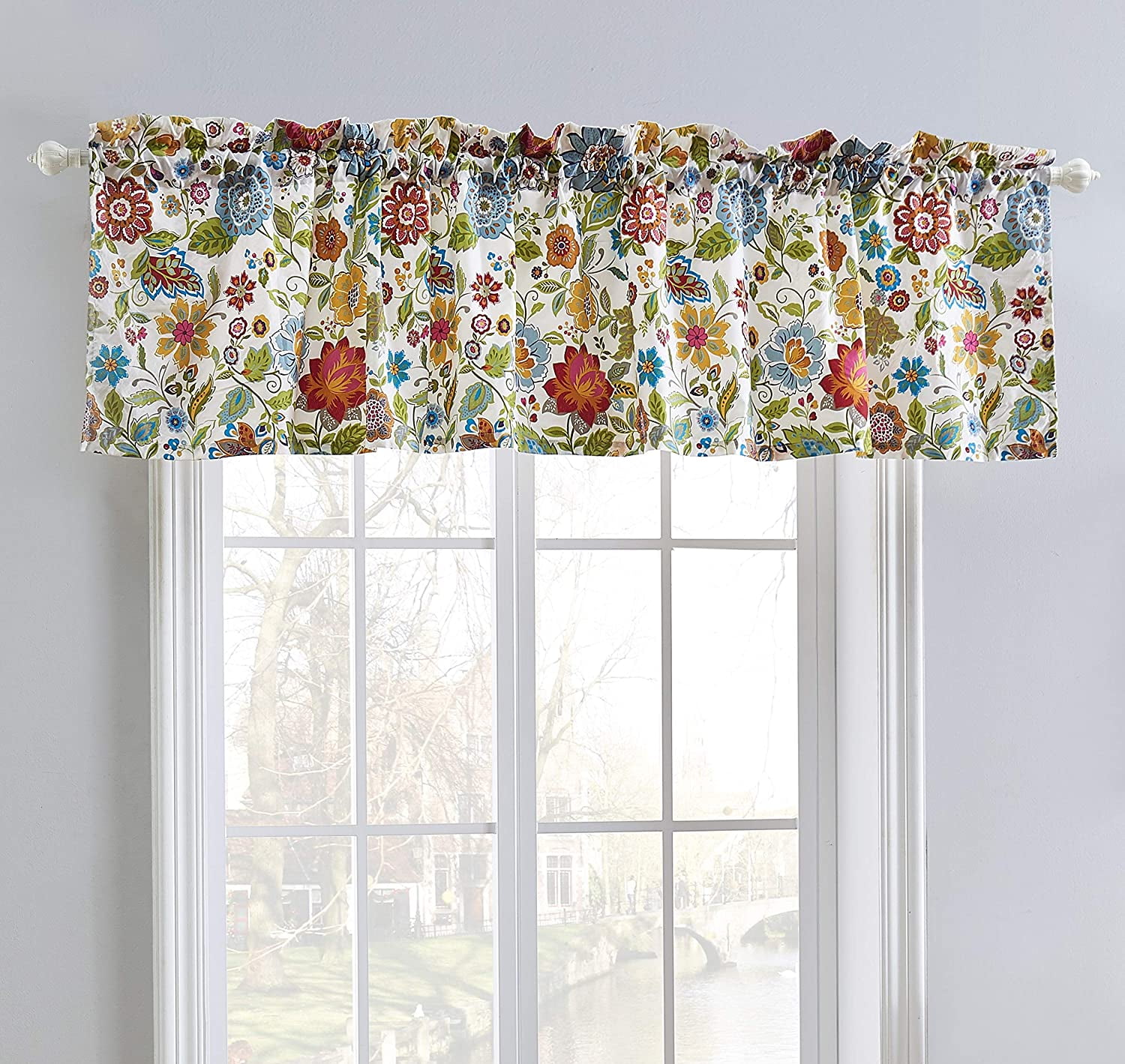 Global Trends Amanda Contemporary Floral Print Window Rod Pocket Lined Valance, White, 84 W x 19 L inches
