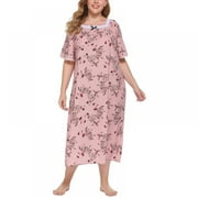 Women's Plus Size Cotton Nightgown Short Sleeve Round Sleepwear Pajamas Nightshirt