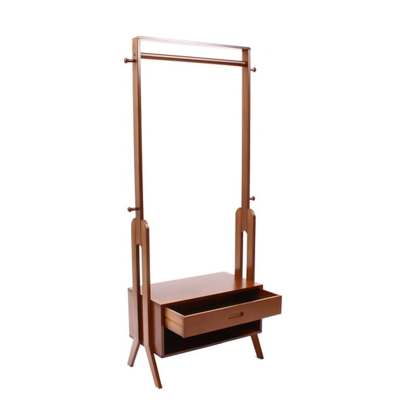 Loyalheartdy 2 in 1 Clothes Rack, 67" Tall Floor Standing Garment Display Stand Brown Clothing Storage Holder w/Hooks & Drawer