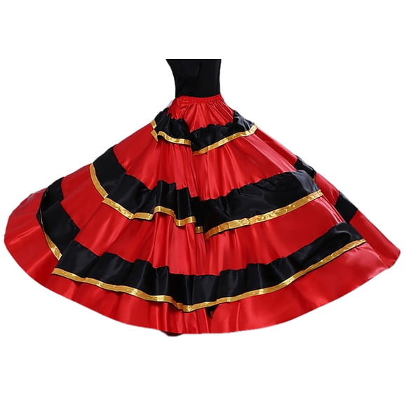 Ladies Full Circle Long Satin Ballroom Spanish Flamenco Paso Doble Dance Skirt With Ruffles