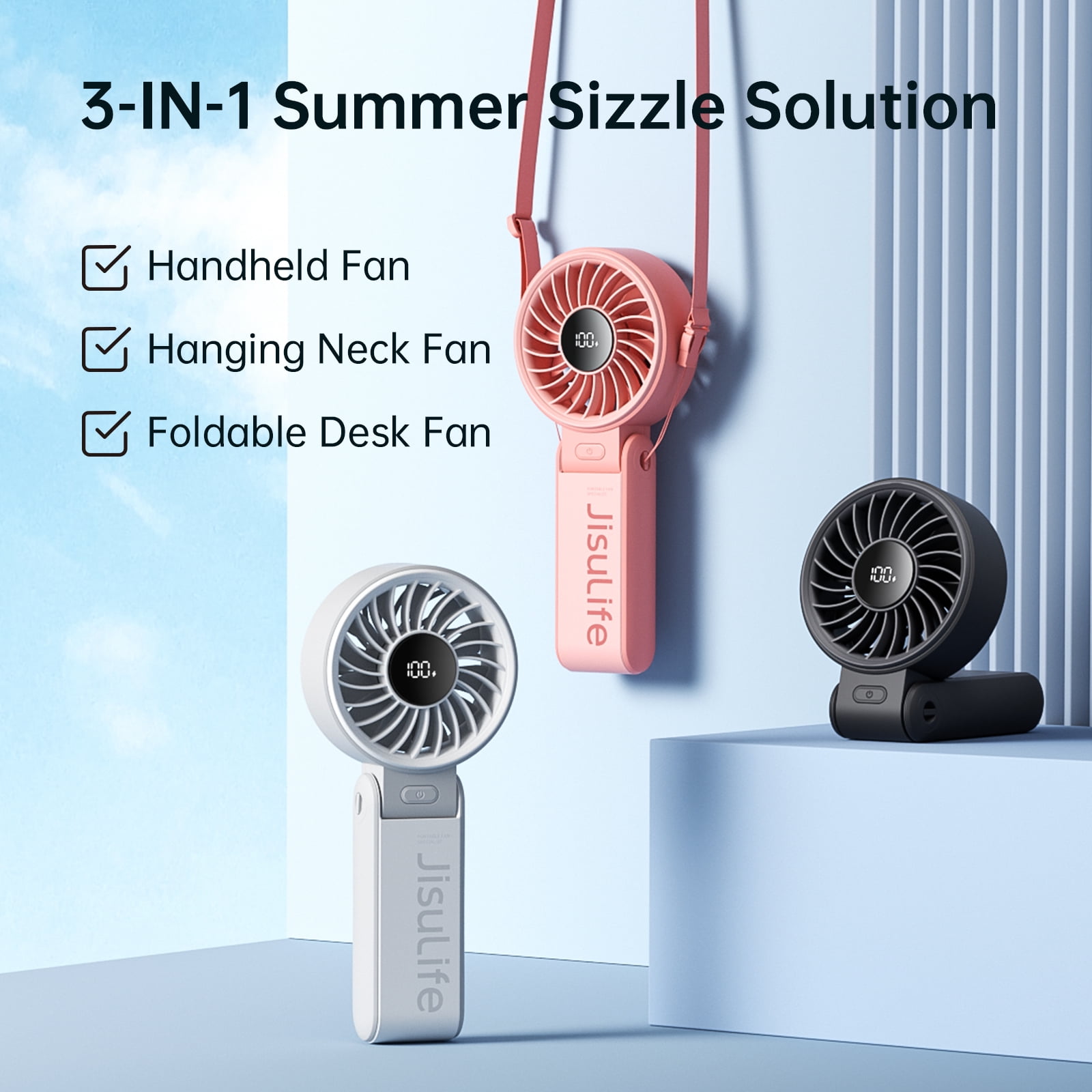 JISULIFE Portable Handheld Fan, 3600mAh Mini Desk Fan 13H Max Cooling Time, 5-Speed, LED Display, Neck Fan for Travel Concerts, Christmas Gifts for Women- Black