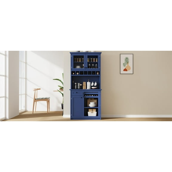 Farmhouse Freestanding Buffet with Hutch, Tall Kitchen Pantry Storage Cabinet with Wine Rack, Adjustable Shelves and Glass Doors for Dining Room, Blue