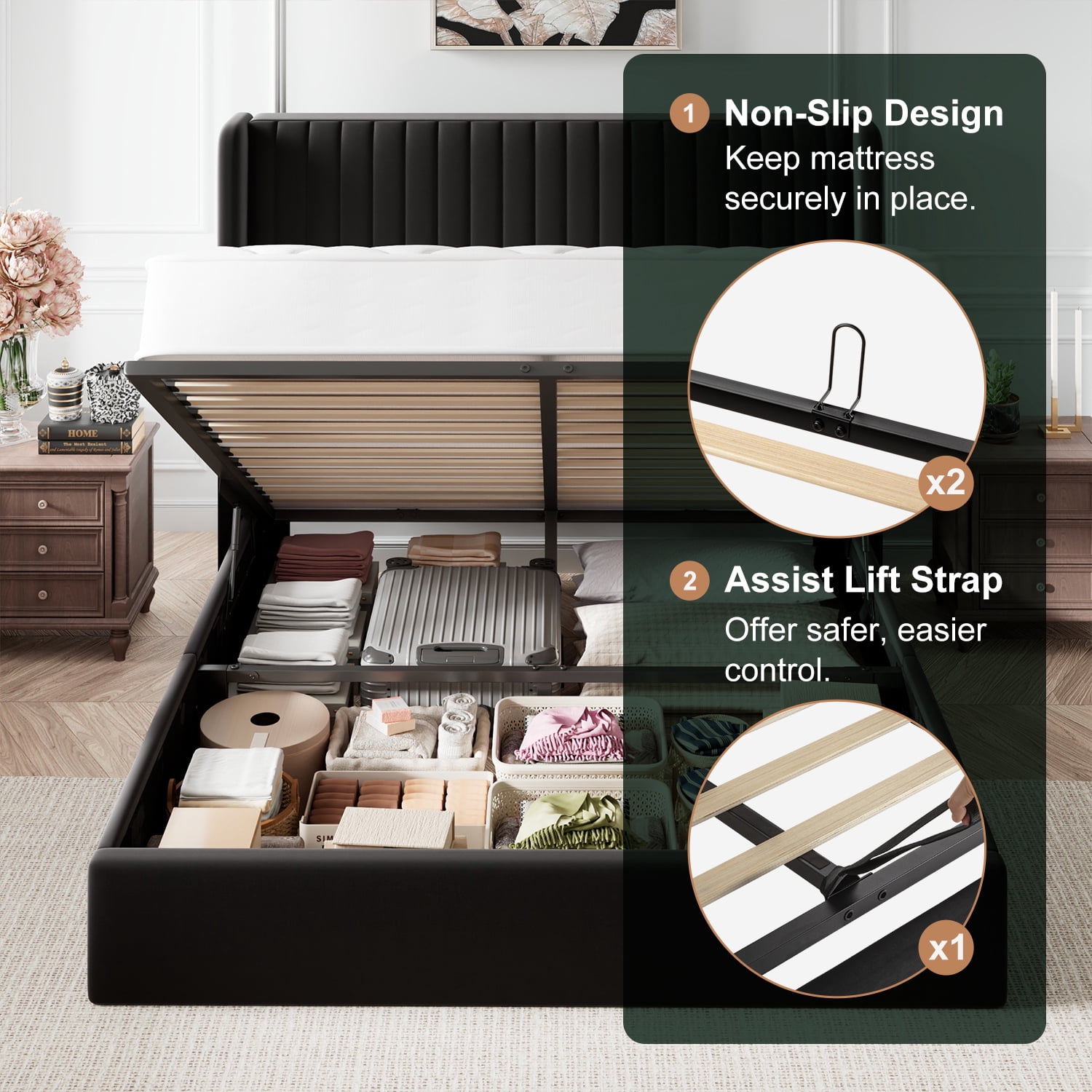 Amolife Queen Size Lift Up Hydraulic Storage Bed Frame, Platform Bed with Upholstered Wingback Headboard with Vertical Channel Tufting, Black