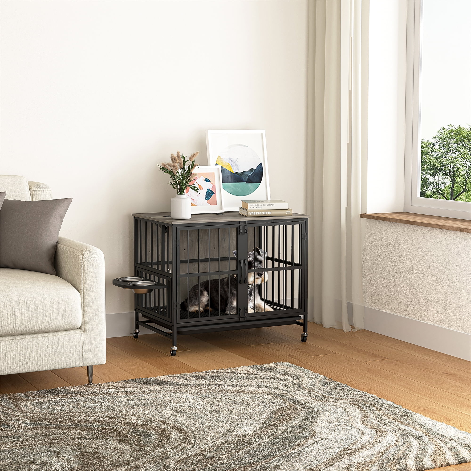 Pefilos 31" Dog Crate with Feeding Bowl, Wheels, Flip-Up Top Opening Kennel with Trays, Furniture Style Dog Cage for Indoor Dogs, Gray Pefilos 31" Dog Crate with Feeding Bowl, Wheels, Flip-Up Top Opening Kennel with Trays, Furniture Style Dog Cage for Indoor Dogs, Gray