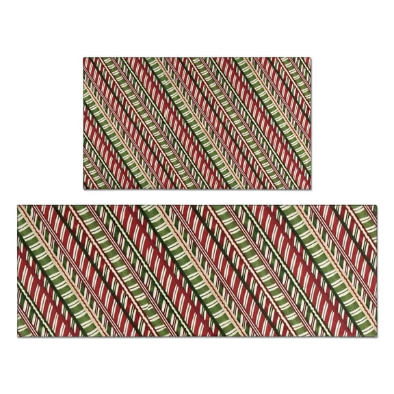 Red and Green Christmas Striped Pattern Kitchen Rugs Sets Of 2,Anti Fatigue Kitchen Mat Rugs Non Slip Washable,Decorative Kitchen Floor Mats for Kitchen,Sink,Laundry,17"x30" 17"x47"