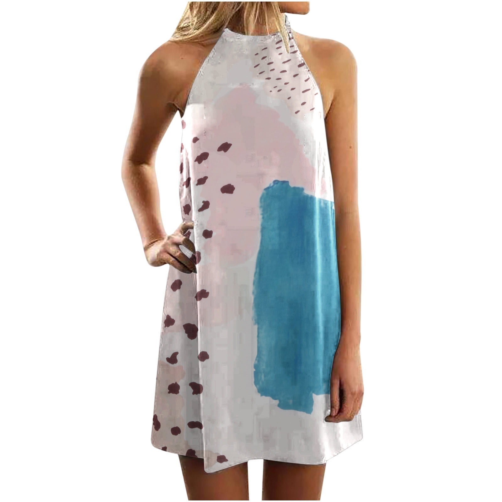 Answerl Womens Summer Halter Neck Floral Print Sleeveless Casual Mini Dress Spaghetti Strap Beach Travel Dress