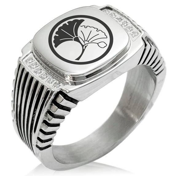 Stainless Steel Yin Yang Ginkgo Leaves Kamon Crest CZ Ribbed Needle Stripe Pattern Biker Style Polished Ring
