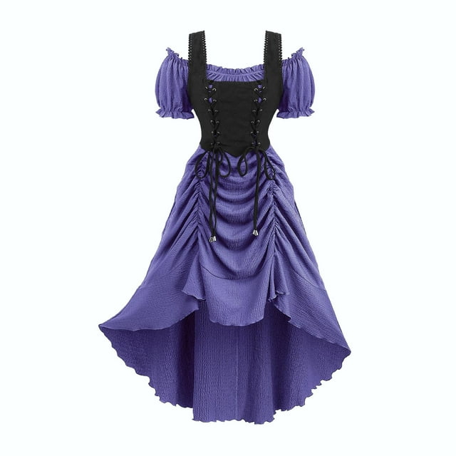 Fmbrln Womens Cold Shoulder Corset Dress Halloween Gothic Long Dress Renaissance Costumes Medieval Lace-up Dress