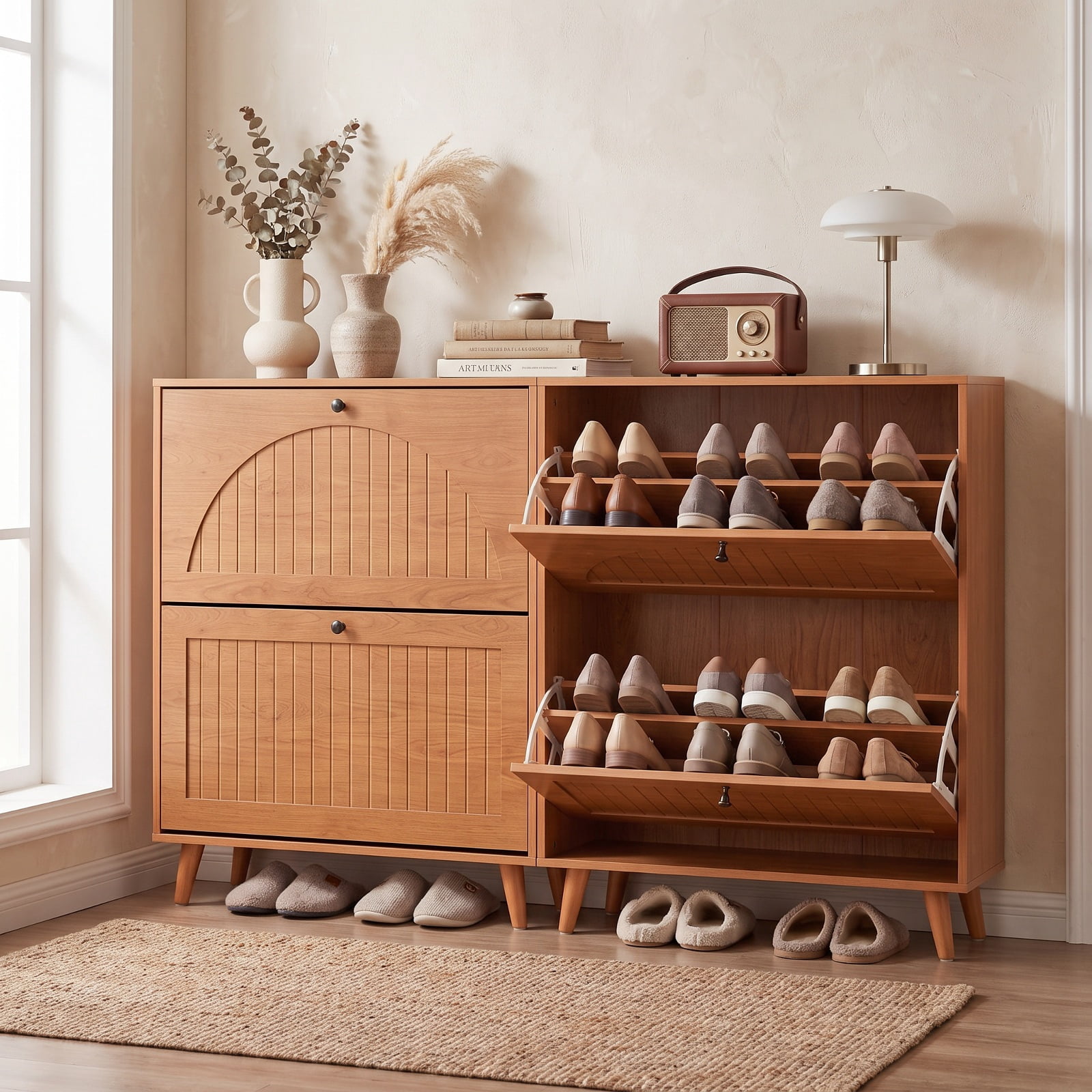 Furnibear Narrow Shoe Cabinet with Adjustable and Removable Shelves for Entryway Foyer Hallway Slim Shoe Storage Organizer, Oak