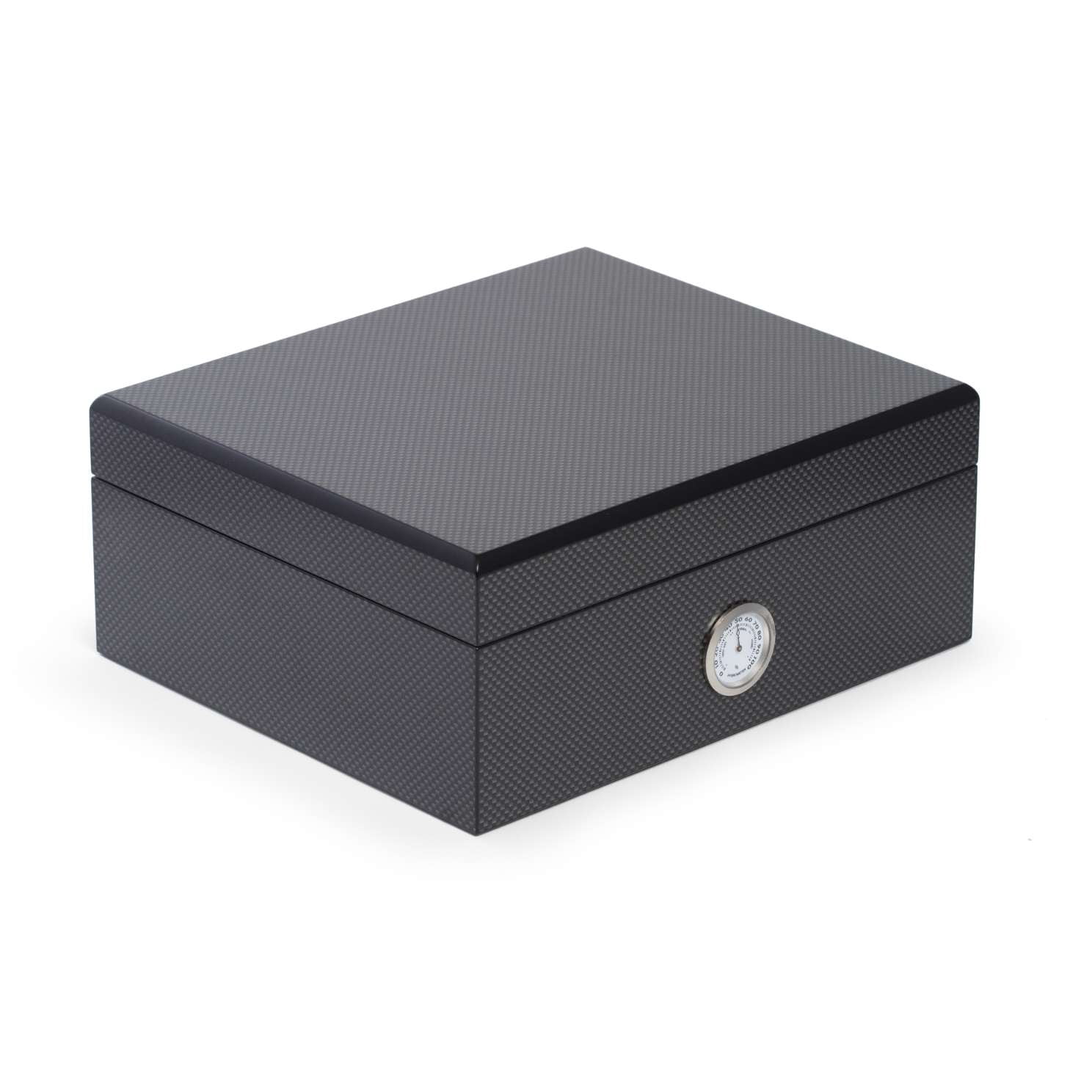 6 Piece "Carbon Fiber" Design Humidor Set. Includes Cedar Lined 50 Cigar Humidor, Single Cgar Ashtray, Leather Double Cigar Tavel Case, Cutter, Humidistat and External Hygrometer.
