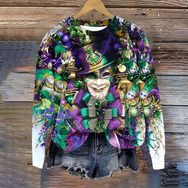 T-shirts à Manches Longues Mardi Gras pour Femmes, Chandails en Molleton Mardi Gras à Sequins pour Femmes, T-Shirts Mardi Gras pour Femmes avec Masque Pailleté Graphique, T-Shirts à Manches Longues pour Carnaval, T-Shirts à Col Rond pour Fête, Hauts de Carnaval